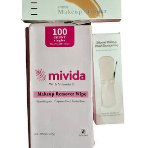 NIB Mivida 100 Ct Makeup Remover Wipes & 2 Silicone Makeup Holder/Storage Bags